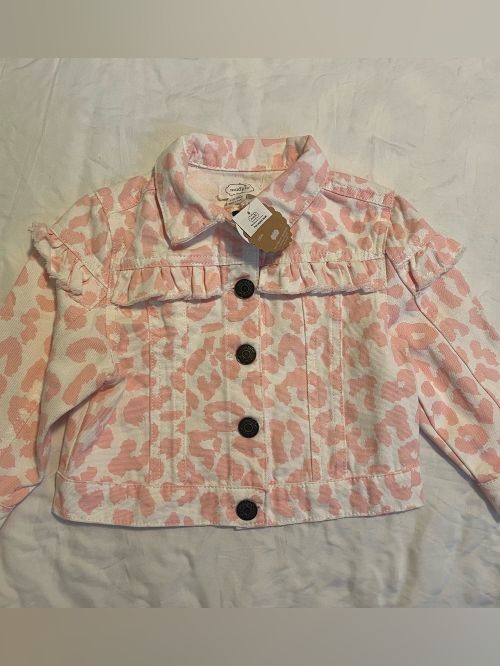 MudPie ' Pink Leopard Print Denim Jacket with Ruffle Yoke NWT